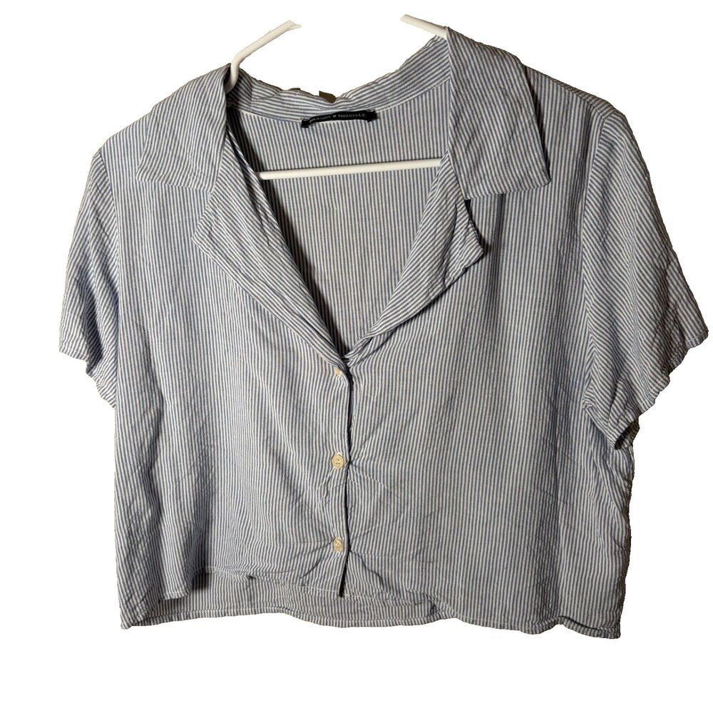 Brandy Melville Shirt Women's Blue Striped Button Up Boxy Crop Short Sleeve